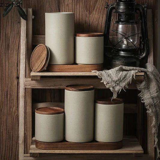 Retro Ceramic Storage Jar Tea Coffee Jars Wooden Lid